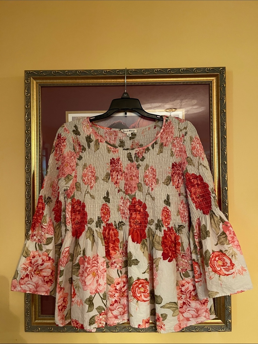 Jane and Delancey Floral Smocked Peasant Top - Pink Red size medium